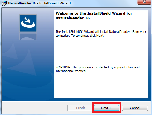חלון ההתקנה מס' 2 "Welcome to the installshield wizard for nturalreader 16"