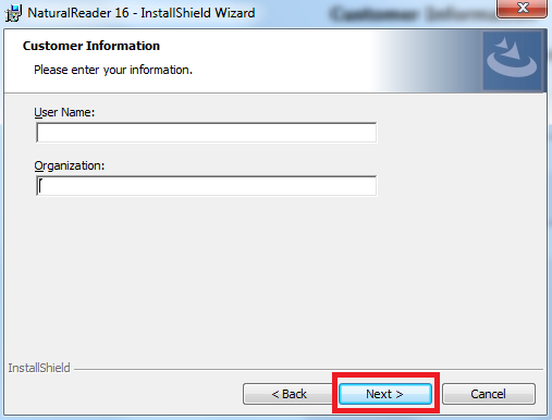 חלון התקנה מס' 4 "Customer Information"
